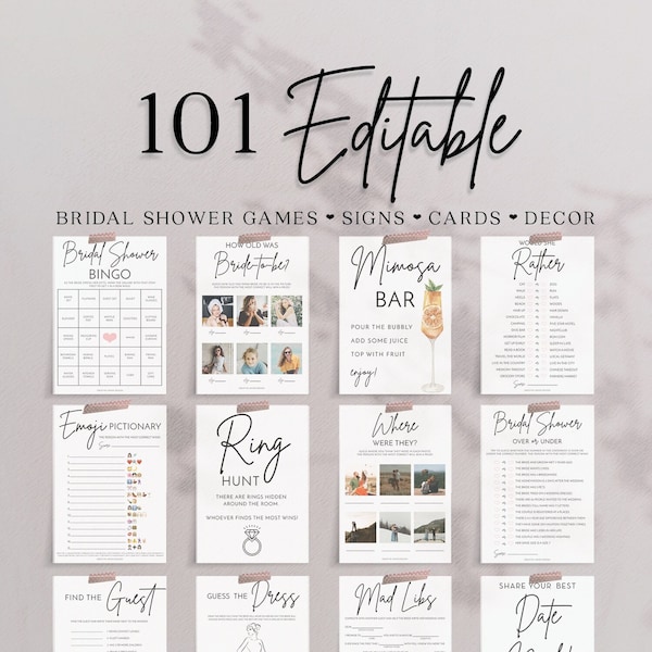 Bridal Shower Games Instant Download, 101 Printable Bridal Shower Games, Bachelorette Party Games, Bridal Shower Decor, Modern Minimalist