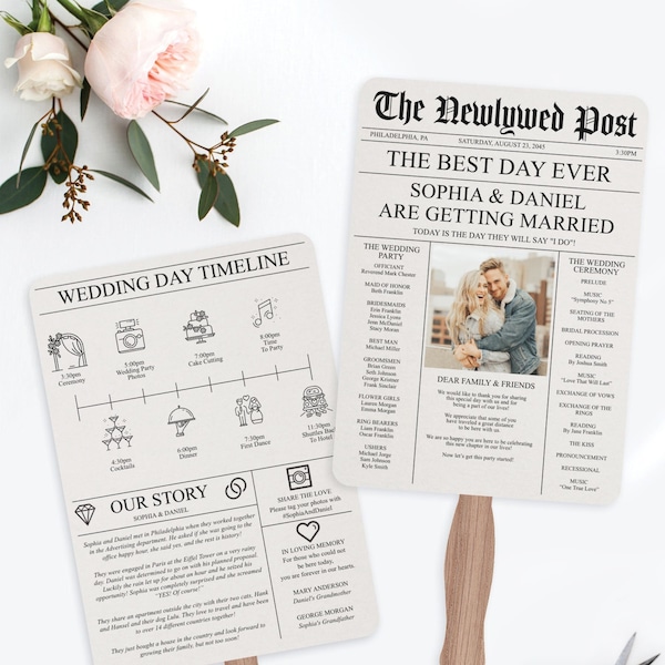 Newspaper Wedding Program Fan with Timeline, Printable Wedding Fan Program, Unique Wedding Programs, Newspaper, Timeline with Icons, DIY