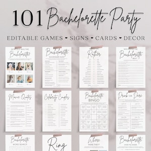 Bachelorette Party Games Bundle Templates, 101 Printable Bachelorette Party Decor, Bingo Signs Favors Funny Dirty Clean, Modern Minimalist image 1