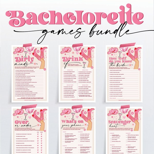 Bachelorette Party Games Bundle, 6 Bachelorette Games Package, Printable Games, Bachelorette Weekend, Drinking Games, Scavenger Hunt, Pink