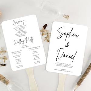 Modelo de programa de casamento moderno e minimalista, leque de programa para impressão, leques para convidados, programas de cerimônia em formato A4, programas de casamento editáveis