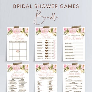 Lot de 6 jeux pour la douche nuptiale Forfait de jeux pour la douche nuptiale Bingo He Said She Said Ce que vous avez dans votre sac à main Pivoine rose Jeux image 1