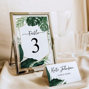 Tropische monstera bruiloft tafelnummers, bruiloft tafelnummer sjabloon, bewerkbare tafelnummers, eenvoudige tafelnummers, bruiloft decor, palm