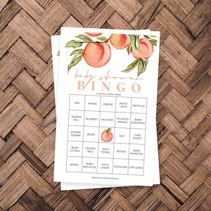 Bingo para baby shower con tema de melocotón dulce, 60 hojas de juego únicas, juegos para baby shower, baby shower, descarga instantánea, baby shower, melocotones, bebé de verano
