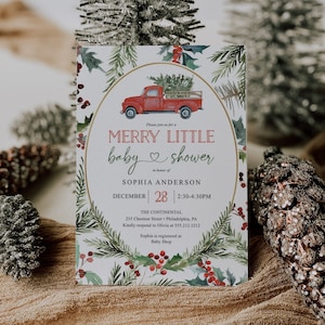 Merry Little Baby Shower, Christmas Tree Truck Baby Shower Invitation, Editable Template, Red Truck, Winter Baby Shower, Merry Greenery