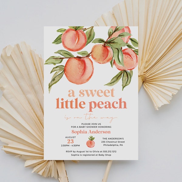 A Sweet Little Peach Baby Shower Invite Template, Peach Baby Shower Invitation, Peach Baby Sprinkle Printable, Summer Baby Shower, Fruit