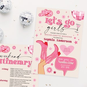 Plantilla de invitación e itinerario para despedida de soltera de Let's Go Girls Nashville, invitación para despedida de soltera de fin de semana de Nash Bash, Last Rodeo, Country