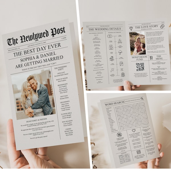 Newspaper Wedding Program Template, Printable Wedding Programs with Timeline, Infographic, Folded Program, Newspaper Editable Template, A4