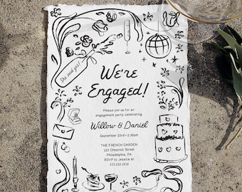 Könnte beinhalten: Schwarz-weiße illustrierte Einladung zur Verlobungsfeier mit dem Text "We're Engaged!" und den Namen "Willow & Daniel". Die Einladung enthält Details zur Feier, einschließlich Datum, Uhrzeit, Ort und RSVP-Informationen.