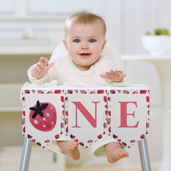 Berry Sweet Editable High Chair Banner Template, Happy Birthday Banner, Printable Party Decor, ONE, First Birthday, 1st Birthday, Strawberry