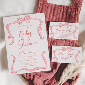 Hand Drawn Bow Girl Baby Shower Invitation Set Template, Printable Editable, Thank You Card, Diaper Raffle, Books For Baby, Girl Baby Shower