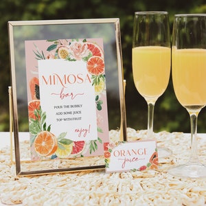 Letrero y etiquetas para barra de mimosa con cítricos tropicales, plantilla para letrero de barra de mimosa para bodas, descargable, editable, brunch nupcial, letrero para despedida de soltera, limón