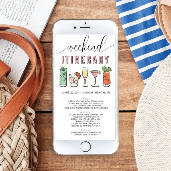 Weekend Itinerary Template, Digital Schedule, Wedding Weekend, Instant Download, Agenda, Girls Trip, Weekend Itinerary, Vintage Cocktails