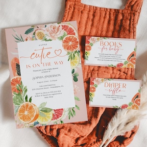 Tropical Citrus Babypartyeinladung Set-Vorlage, druckbar bearbeitbar, Dankeskarte, Windelverlosung, Bücher für Baby, kleines süßes Baby