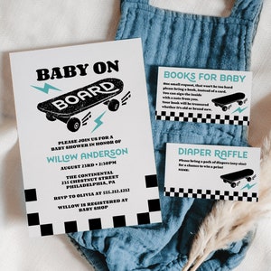 Baby an Bord Baby Shower Einladung Set Vorlage druckbare Danke-Karte Windel Raffle Bücher für Baby blau Skateboard Jungen-Baby-Dusche