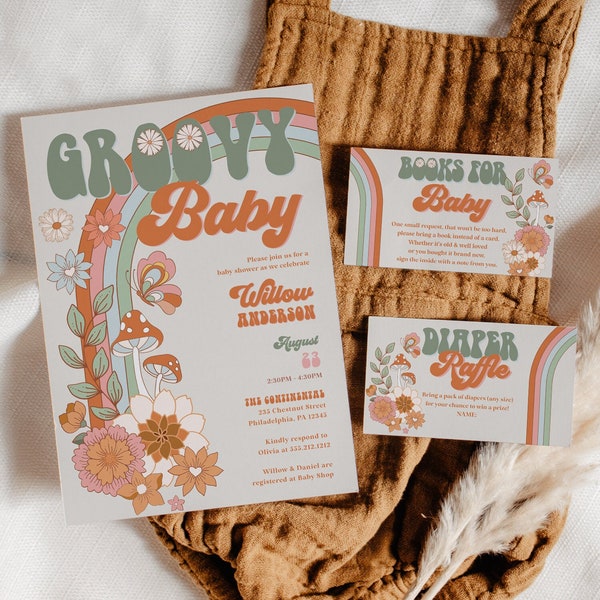 Retro Groovy Baby Shower Invitation Set Template, Printable Editable, Thank You Card, Diaper Raffle, Books For Baby, Hippie, Bohemian, Cute