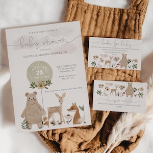 Boho Woodland Baby Shower Invitation Set Template, Printable Editable, Thank You Card, Diaper Raffle, Books For Baby, Bear, Deer, Fox, Woods