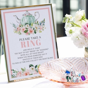 Put A Ring On It Game, Romantic Bridal Shower Game, Ring On It Game Sign, Wedding Shower, Tea Party, Bridal Shower Games, Teapot, Bridal Tea