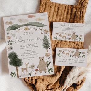 Boho Woodland Baby Shower Invitation Set Template, Printable Editable, Thank You Card, Diaper Raffle, Books For Baby, Bear, Deer, Animals