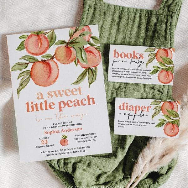 Peach Baby Shower Invitation Set Template, Printable Editable, Thank You Card, Diaper Raffle, Books For Baby, Sweet Peach, Fruit