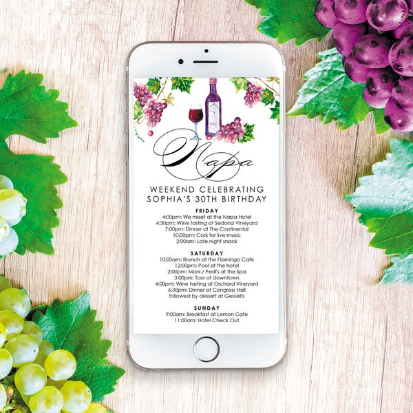 Napa Bachelorette Itinerary Template, Digital Schedule, Instant Download, Birthday Weekend Itinerary, Wine Tasting, Napa, Cali