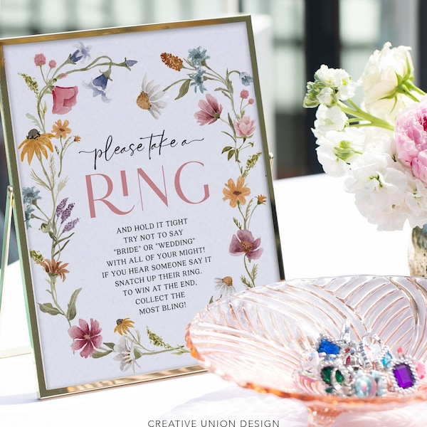 Put A Ring On It Game Sign, Boho Bridal Shower Sign File, Bridal Shower Games, Ring Game, Floral Bridal Shower Decor, Wildflower Field