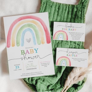 Modèle de jeu d'invitations Boho arc-en-ciel, imprimable modifiable, carte de remerciement, tombola de couches, livres pour bébé, baby shower arc-en-ciel