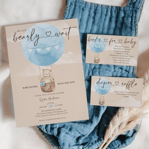 Boho Bearly Wait Baby Shower Invitation Set Template Printable Editable Thank You Card Diaper Raffle Books For Baby Bear Balloons Boy Baby image 1
