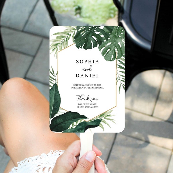 Tropical Monstera Wedding Program Fan Template, Printable Fan Program, Wedding Fan, Ceremony Programs, Fans for Guests, Beach, Palm Leaves