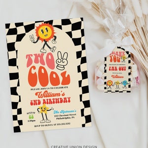 May include: A birthday party invitation with a retro 70s theme. The invitation features a cartoon sun with a peace sign and the text "Two Cool" in a colorful, psychedelic font. The invitation is for William's 2nd birthday party. The invitation includes the date, time, and location of the party.
