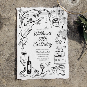 Modèle d'invitation de fête d'anniversaire, invitation de fête d'anniversaire dessinée à la main, anniversaire unique, dîner, 30e anniversaire, 40e anniversaire, gâteau