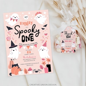 Halloween Birthday Invitation with Tag Template, Girl Birthday Invite Download, Spooky One 1st Birthday, Birthday Party Bundle, Spooky Ghost