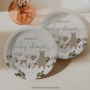 Personalized Paper Plates Template, Baby Shower Decor, Baby Shower Tableware, Table Decor, Printable Plates, Download, Boho Woodland, Bear