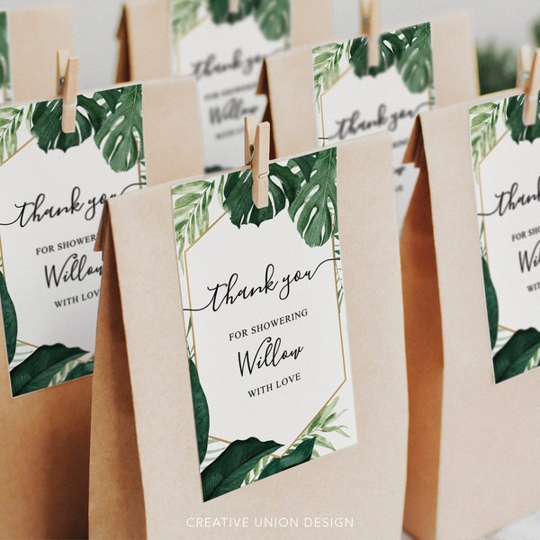 Favor Tag for Bridal Shower, Editable Thank You Tag Template, Favor Tag, Shower With Love, Tropical Monstera, Palm Leaves, Printable Tag