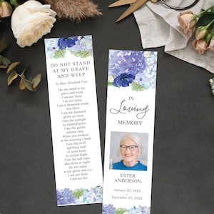 Plantilla de marcapáginas para funerales, marcapáginas imprimibles para celebrar la vida, editables, en memoria de alguien, descargables, hortensia azul vintage, floral