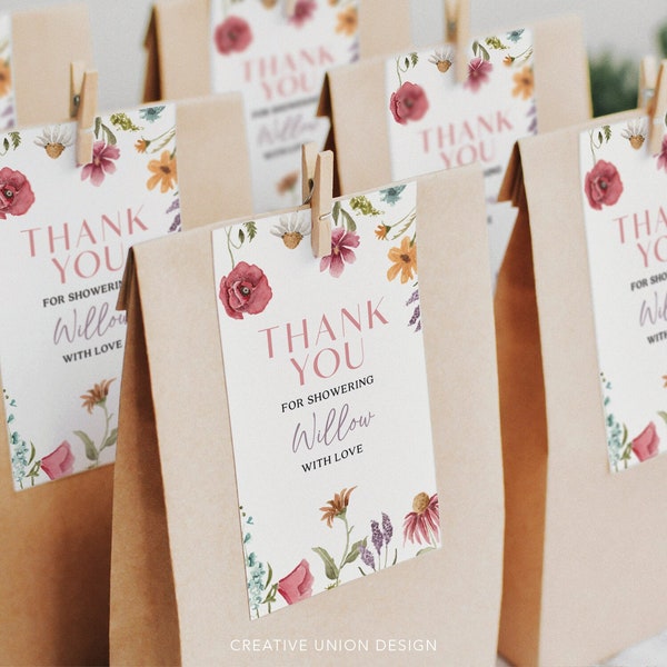 Bridal Shower Favor Tag, Thank You Tag Template, Favors, Shower With Love, Wildflower Field, Boho Bridal Shower Favor Tag, Bohemian Bridal