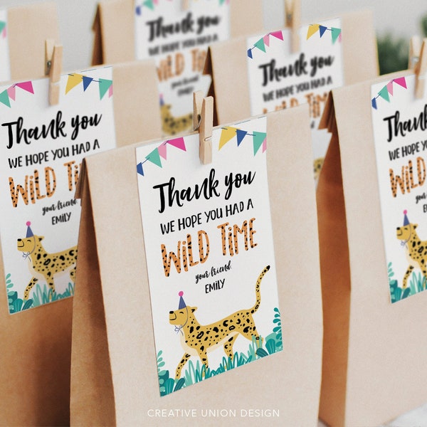 Mod Party Animals Printable Favor Tag, Birthday Favors, Editable Thank You Tag Template, Favor Tag, Leopard Print, Safari Animals, Wild One