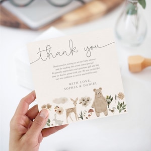 Baby Shower Thank You Card Template, Printable Baby Shower Square Card, Editable, Instant Download, Neutral, Boho Woodland, Bear, Deer, Cute