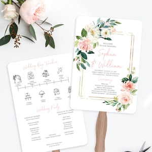 Wedding Program Fan Template, Editable Program with Timeline, Printable Wedding Programs, Fans for Guests, Floral, Airy Blush, Gold