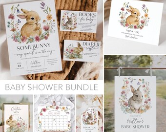May include: A baby shower bundle with a watercolour bunny and floral design. Includes invitations, thank you cards, and games. Text includes "Somebunny very special is on the way" and "Welcome to Willow's Baby Shower." The bundle is for a baby shower.