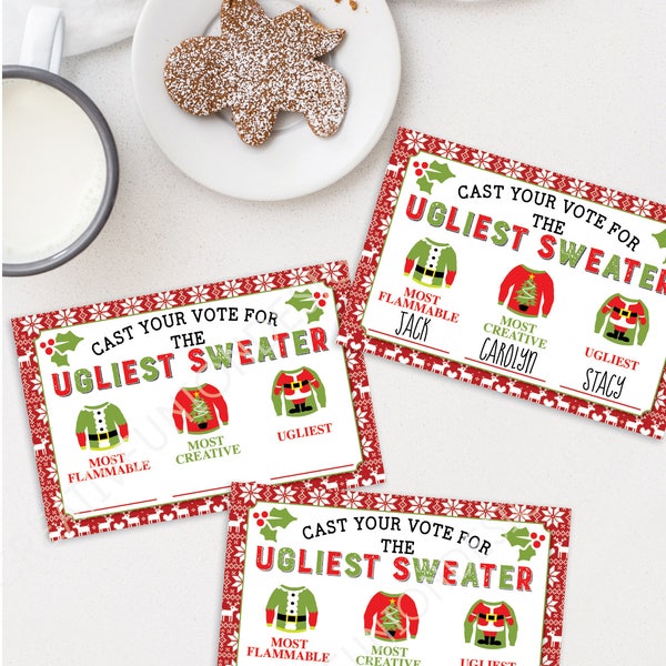 Ugly Christmas Sweater Party Vote Cards and Sign - Instant Download - Christmas Party Decor - Christmas Games - Ugly Sweater Party - Holiday