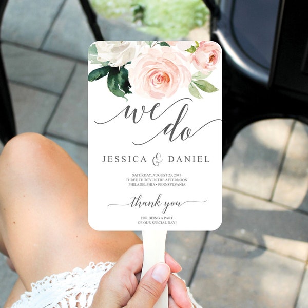 Wedding Program Fan Template, Editable Program Fan, Printable Wedding Programs, Wedding Fan for Guests, Blushing Blooms, Watercolor Floral