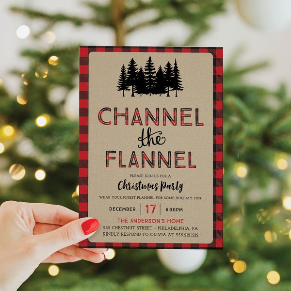 Channel The Flannel Christmas Party Invitation, Flannel Party Invite, Holiday Party Invitations, Template, Plaid, Download, Office Party