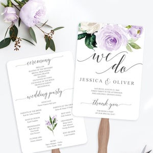 Wedding Program Fan Template, Editable Program Fan, Printable Wedding Programs, Wedding Fan for Guests, Lavender Blooms, Watercolor Floral