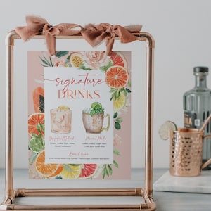 Szablon menu baru, drukowany podpis koktajlowy, edytowalne podpisy drinków, znak baru dla niego i dla niej, znak drinków, tropikalne cytrusy