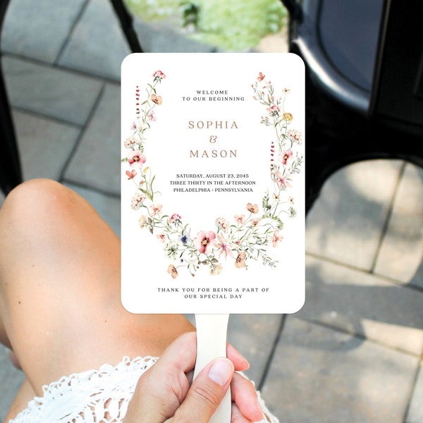 Dainty Wildflower Wedding Program Fan Template, Editable Program Fan, Printable Wedding Programs, Wedding Fan for Guests, Wildflowers