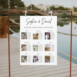 Modern Minimalist Wedding Seating Chart with Photos, Editable Template, Table Arrangement Sign, DIY Wedding Seating Sign, Photo Locations