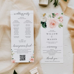 Floral Wedding Program Template, Rustic Programs for Wedding, Wedding Program Printable, Honeymoon Fund QR Code, Simple, Blushing Blooms