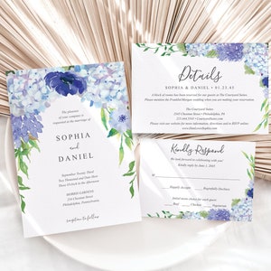 Vintage Blue Hydrangea Wedding Invitation Set Template, Wedding Invite, Wedding Invitation Set, Wedding Suite, Floral, Instant Download