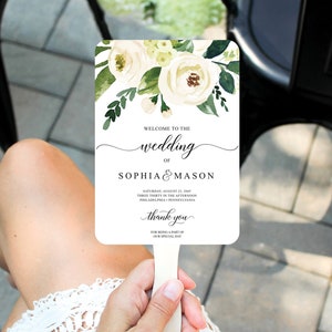 Fan Wedding Program Template, Wedding Fan Programs, Printable Wedding Programs, DIY, Floral, White Roses, Rustic Wedding, Elegant, Greenery
